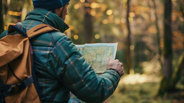 A man with a beard is looking at a map while wearing a backpack. He is focused on the map and possibly planning a trip or navigating through the woods