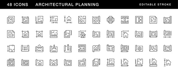 Architectural planning icon collection. Planning, scheme, dimension, project, measurement, floor plan and more. Editable stroke. Pixel Perfect. Grid base 32 x 32.