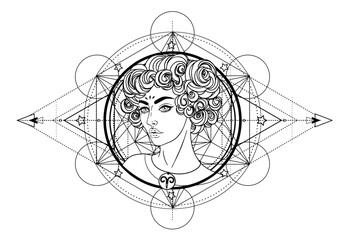 Illustration of Aries astrology sign as a beautiful girl over sacred geometry frame. Zodiac vector drawing isolated in black and white. Future telling, horoscope, spirituality. Coloring book.
