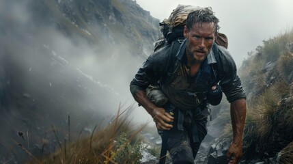 Naklejka premium A man is climbing a mountain with a backpack on his back. The scene is set in a foggy environment, and the man is exhausted