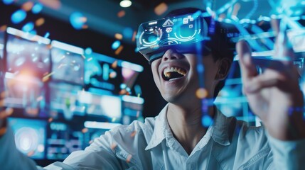 A man wearing a blue shirt is playing a video game with a virtual reality headset on. He is smiling and he is enjoying the game