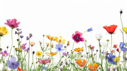 Frest meadow with colorful flowers isolated on white wallpaper background