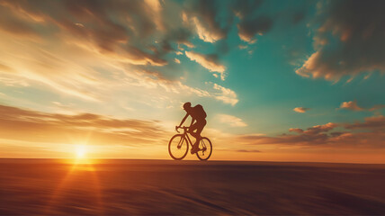 Fototapeta premium playing sports, cycling at sunset, bicycle on sky background and victory concept