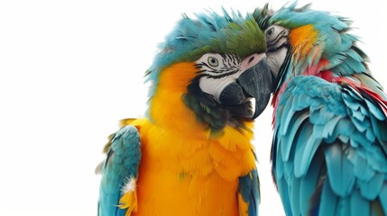 Obraz premium Two parrots birds couple isolated on white wallpaper background