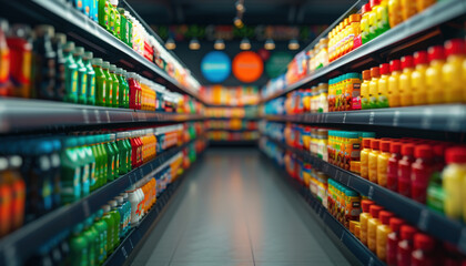 A store aisle with many different colored bottles of soda