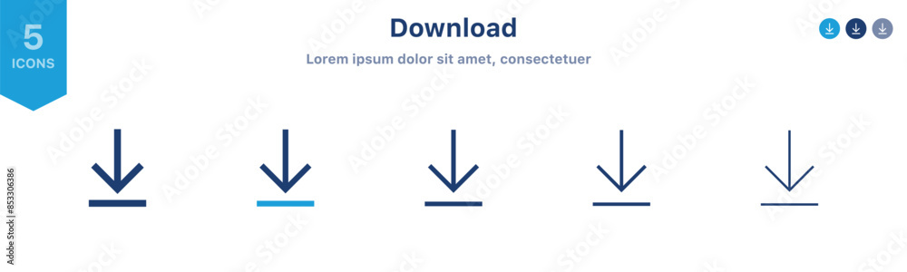 Poster Download icon set. Download button, File document import icon sign with arrow down - Save folder file icon button