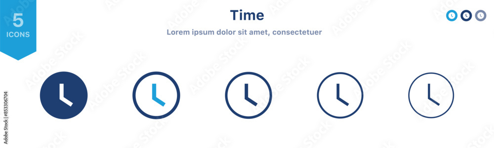 Aufkleber time and clock icons set in flat style, timer symbol watch later sign in filled, line, outline icon for ui apps and website