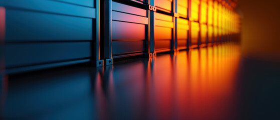 A row of computer servers with a bright orange background