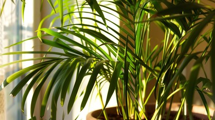 Close-up on a potted areca palm, bright green leaves, sunlight filtering through, tranquil vibe. 