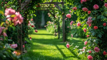 Fototapeta premium Flowers roses gate arc garden wallpaper background 