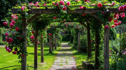 Obraz premium Flowers roses gate arc garden wallpaper background 