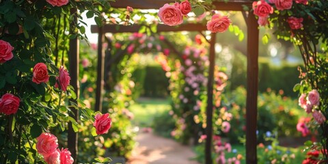 Naklejka premium Flowers roses gate arc garden wallpaper background 
