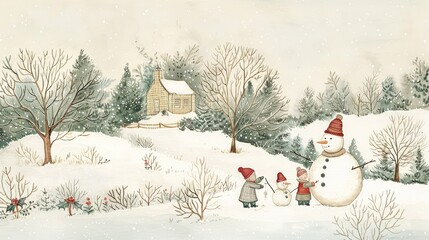 Obraz premium A cozy and charming illustration of small children building a snowman in a snowy landscape, with snow-covered trees and a quaint cottage in the background. In the style of Jan Brett, with intricate 