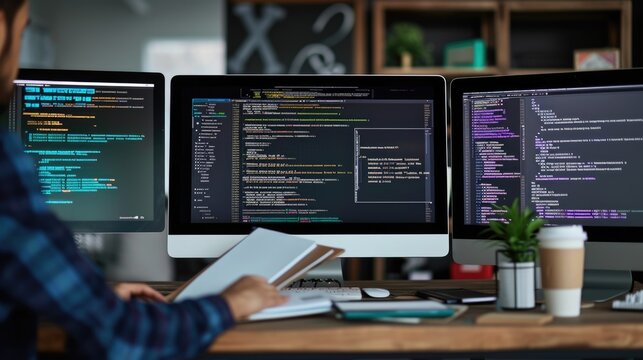 A focused software developer codes on a dual monitor setup in a modern office environment with a minimalist aesthetic. AIG41