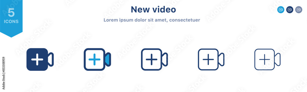 Poster add new video icon set, camera video icon plus symbol ; create media, meeting room icons ; add video