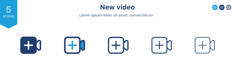 Add new video icon set, Camera video icon plus symbol ; create media, meeting room icons ; add video streaming icon or upload movie sign - video camera plus icon