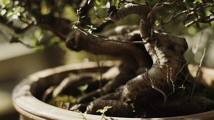 Close-up of an ancient bonsai in a traditional clay pot, gnarled trunk and delicate green leaves, serene light. 