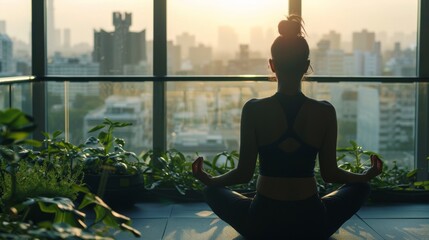 Woman doing yoga relax on roof wallpaper background