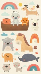 Fototapeta premium A fun and lively illustration of Noah's Ark filled with happy animals, with a rainbow in the background. The scene is perfect for a children's Bible magazine cover, featuring bright and cheerful color