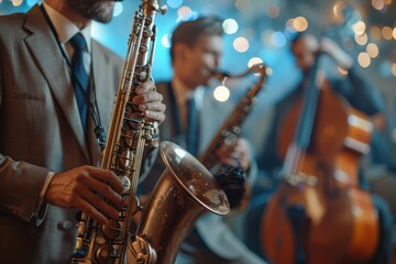 Obraz premium A man playing a saxophone in front of a man playing a cello