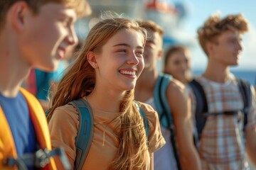Vacation on the cruise ship. Young group travelers enjoys the ocean view