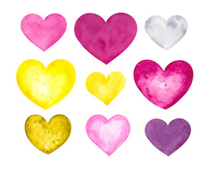 Watercolor set of multi colored hearts