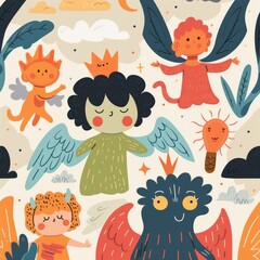 Fototapeta premium A set of vibrant and engaging stickers featuring angels and demons, with colorful and action-packed scenes, suitable for a children's Bible magazine page. 