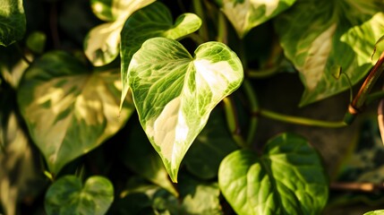 Obraz premium Close-up of devil's ivy, bright sunlight, macro photography, heart-shaped leaves, vibrant variegation.