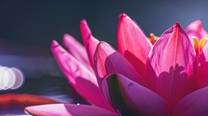Fototapeta premium Close-up of water lily, morning sunlight, macro lens, vibrant pink petals, detailed texture, serene reflection. 