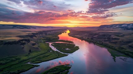 Overhead drone shot of Snake River at sunset near Huntington, Oregon - 8
