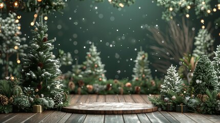 Winter-themed wooden stage with decorated pine trees, creating a festive holiday atmosphere.