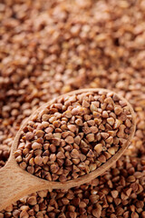 Buckwheat Grains in Wooden Spoon, Copy Space