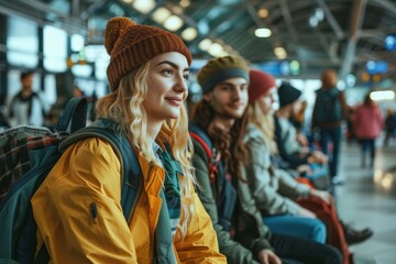 Fototapeta premium Group of young tourism waiting a flight at airport. Travel concept