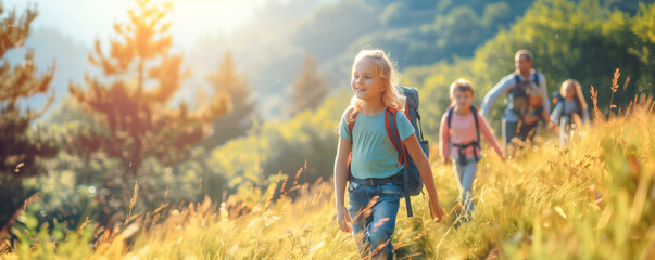 Happy girl with backpack hiking on the nature. Family leisure, vacation and recreation concept.