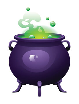 witch cauldron with green bubbling potion. Vector cartoon illustration isolated on white background