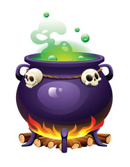 Witch cauldron with skulls and green bubbling potion over a fire. Vector cartoon illustration isolated on white background