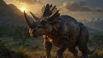 Fototapeta premium Triceratops Grazing in Prehistoric Plains