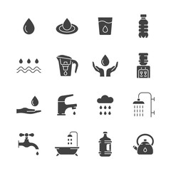 Water glyph icon set. Vector collection with drop, cup, bottle, cooler, bath, cloud with rain, water tap.