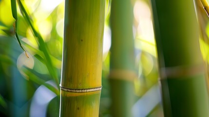 Fototapeta premium Close-up of bamboo shoot, mid-morning light, macro lens, vibrant green, detailed nodes, smooth texture, natural growth. 