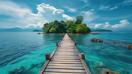 Beautiful tropical landscape background, concept for summer travel and vacation. Wooden pier to an island in ocean against blue sky with white clouds AI generated