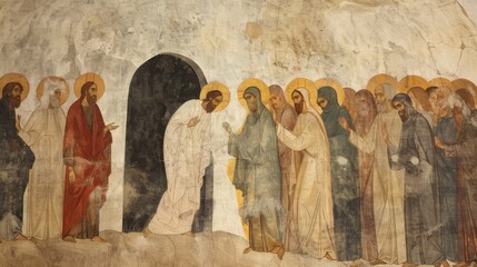 An antique painting of the Raising of Lazarus, with Jesus standing beside the tomb and people witnessing the miracle. The artwork is in the style of Andrei Rublev, featuring bright and harmonious