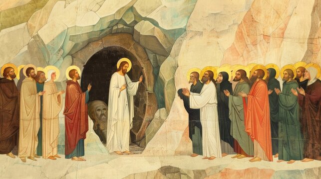 An antique painting of the Raising of Lazarus, with Jesus standing beside the tomb and people witnessing the miracle. The artwork is in the style of Andrei Rublev, featuring bright and harmonious