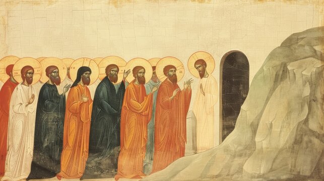 An antique painting of the Raising of Lazarus, with Jesus standing beside the tomb and people witnessing the miracle. The artwork is in the style of Andrei Rublev, featuring bright and harmonious