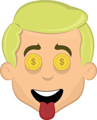 vector illustration face man cartoon blonde, with an ambitious expression, coins in his eyes and his tongue sticking out