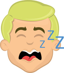 vector illustration face man cartoon blonde and blue eyes, snoring with mouth open and text zzz