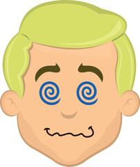 vector illustration face man cartoon blonde, hypnotized or drugged with spiral shaped eyes