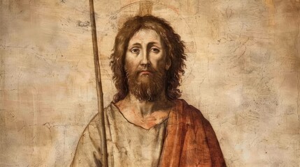 Naklejka premium An antique painting of John the Baptist wearing a camel hair garment, depicting the Saint John theme. He is holding a staff with a cross. The artwork is created in the Baroque style, emphasizing rich 