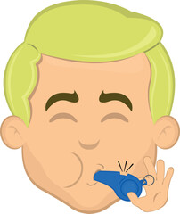 vector illustration face man cartoon blonde eyes, with his mouth blowing a whistle