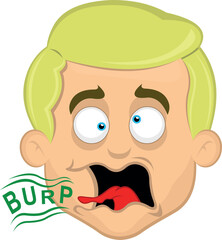 vector illustration face man cartoon blonde and blue eyes, burping with the text burp