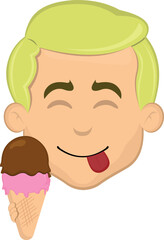 vector illustration face man cartoon blonde eyes, with an ice cream  wafer cone in his hand and an yummy expression